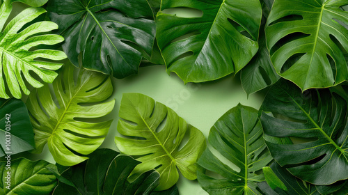 Tropical leaves on green background photo