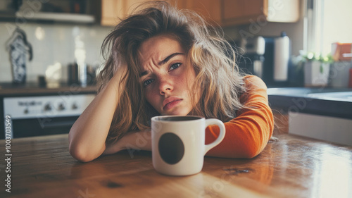 A young woman with messy hair sits at the kitchen table, sipping coffee in the morning, looking drowsy and drained, reflecting the Monday blues after an early wake-up.