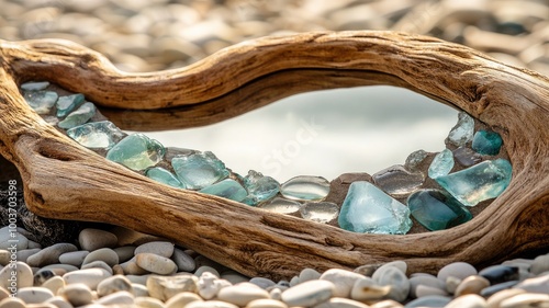 Handmade driftwood mirror adorned with delicate sea glass on a pebbled shore.