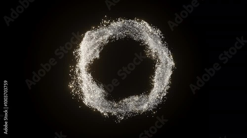 3d silver Particles Flying around circle. Abstract white glitter background. Holiday celebrating bg with silver dust effect. Motion graphic.