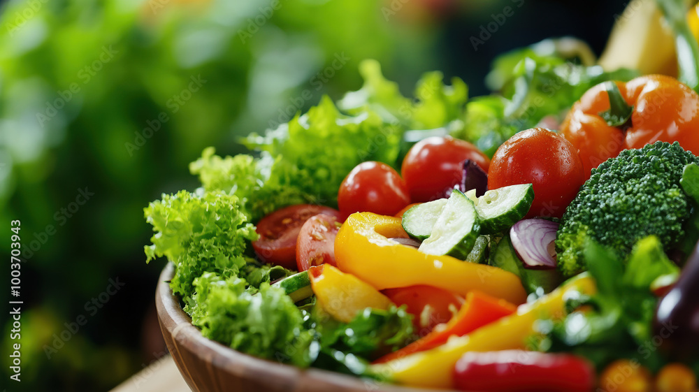 The wellness lifestyle promotes healthy eating, illustrated by a close-up of a vegan meal filled with fresh vegetables and raw produce on the table.