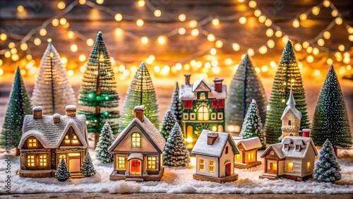 A festive tabletop Christmas village with miniature houses and snow-covered trees, set aglow with warm fairy lights.