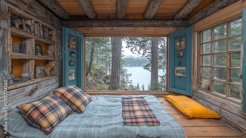 Cozy Cabin Charm: Bedroom with Plaid Pillows and Rustic Wooden Bed