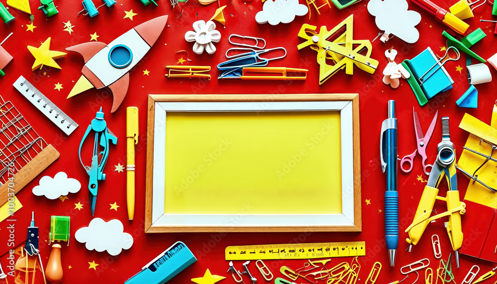 Vibrant School Supplies Layout in Red