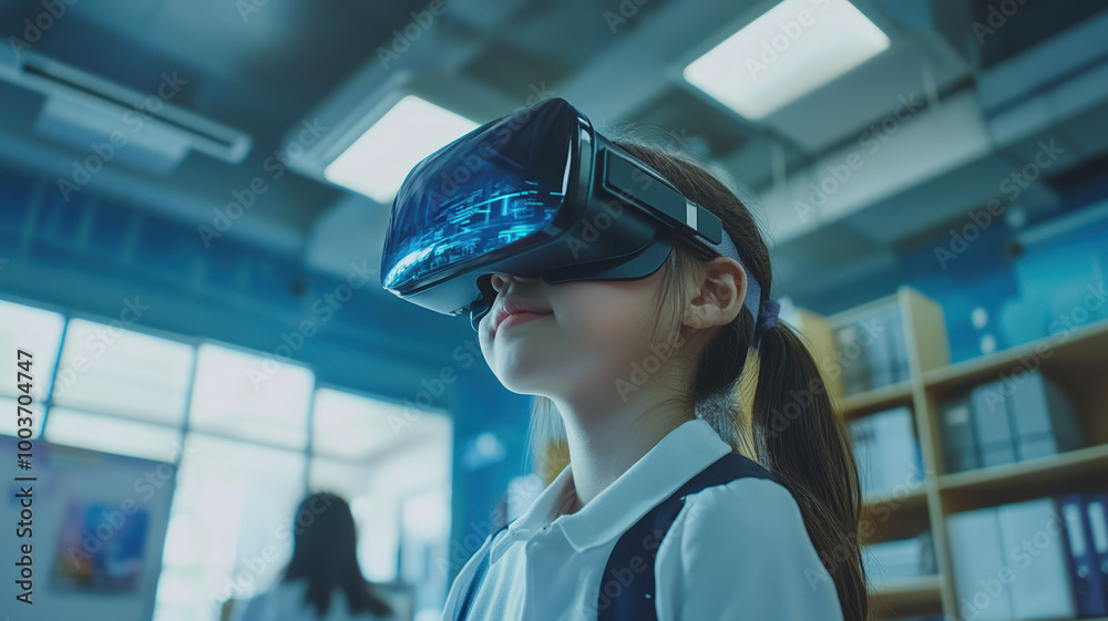 A school student wears a VR headset, engaging with AI and machine learning technology in an interactive classroom, showcasing innovation and smart tech with blue AI holograms in education.