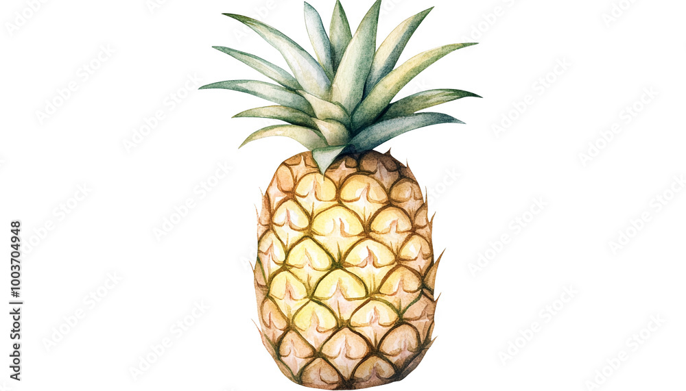 Obraz premium A vibrant, detailed illustration of a pineapple with lush green leaves, set against a white background, showcasing its unique texture and color.