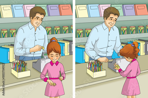 Little girl student buying pencil from stationery store.