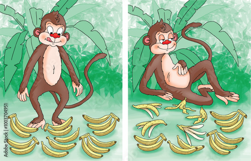 Hungry monkey eats bananas. Subtraction in math.