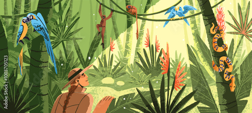 Hiker adventures in jungle. Woman looks at tropical fauna, exotic nature. Hiking in Amazon forest with palm trees and parrots. Rainforest landscape with lianas panoramic view. Flat vector illustration