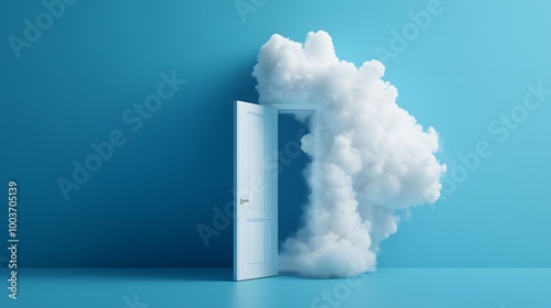 3d render, white fluffy clouds going through, flying out, open door, objects isolated on blue background. Door to haven abstract metaphor, modern minimal concept. Surreal dream scene . 