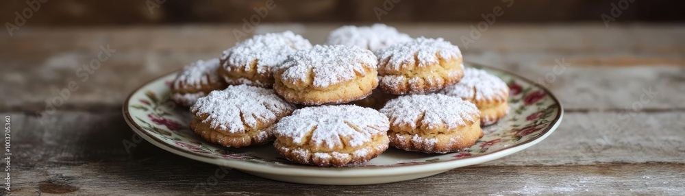 Delicious cookies dusted with powdered sugar, arranged on an elegant plate, perfect for dessert enthusiasts and bakers. Delicious cookies dusted with powdered sugar, arranged on an elegant plate, perfect for dessert enthusiasts and bakers.