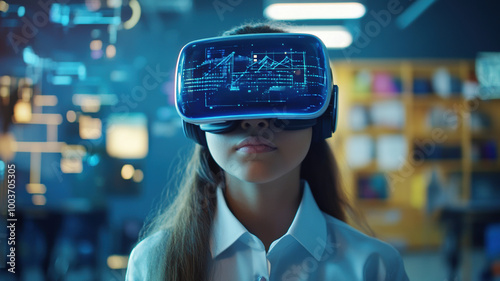 A school student wears a VR headset, engaging with AI and machine learning technology in an interactive classroom, showcasing innovation and smart tech with blue AI holograms in education.