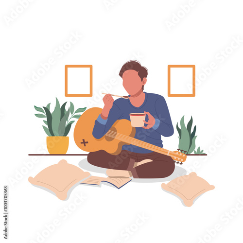 man eat and playing guitar flat design illustration