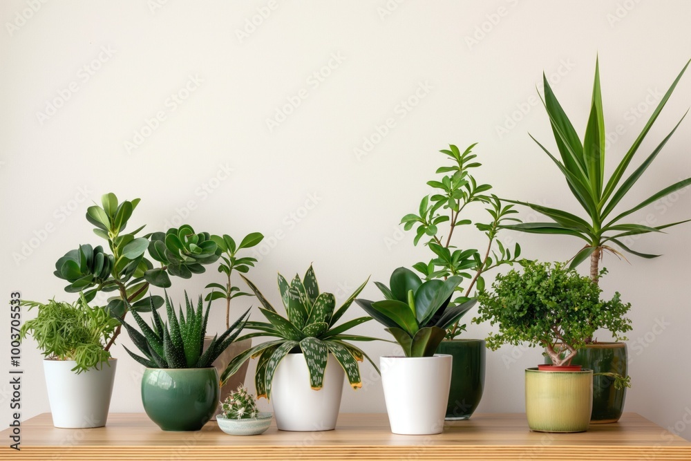Green houseplants on table in modern apartment. Ficus, succulent plants with fresh foliage against light grey background. Decorative plants in interior design. Beautiful botany elements in home decor. Green houseplants on table in modern apartment. Ficus, succulent plants with fresh foliage against light grey background. Decorative plants in interior design. Beautiful botany elements in home decor.
