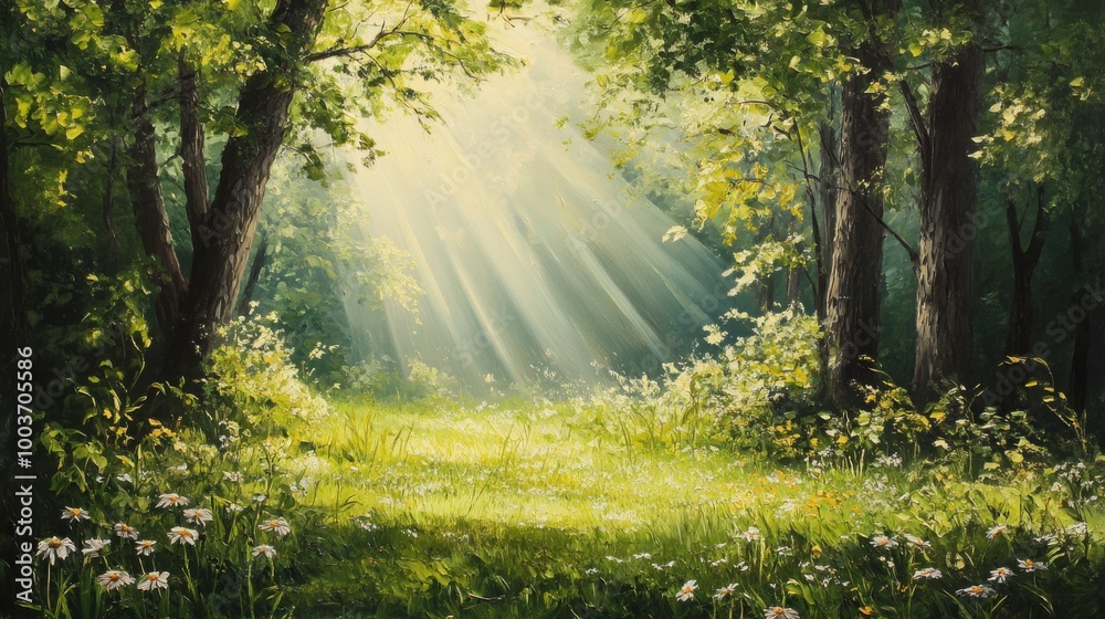 Fototapeta premium peaceful forest clearing, with sunlight filtering through lush green leaves and gentle wildflowers swaying in the breeze