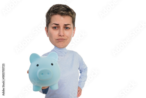 A thoughtful individual holds a blue piggy bank, pondering financial choices and savings in a minimalist setting