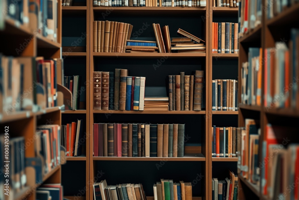 Large collection of books on wooden bookcase in library. Many books with different covers and titles arranged in order on shelf. Old and new books stored in bookcase for reading and study. Large collection of books on wooden bookcase in library. Many books with different covers and titles arranged in order on shelf. Old and new books stored in bookcase for reading and study.