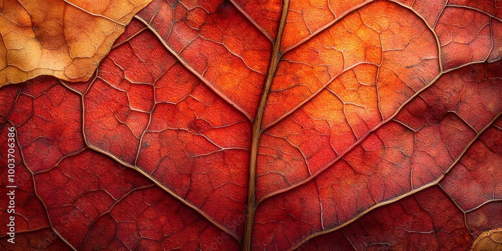 Obraz premium An overhead view of an autumn leaves carpet showcases vibrant fall colors and intricate textures, emphasizing the seasonal change and organic patterns in high-resolution macro photography.