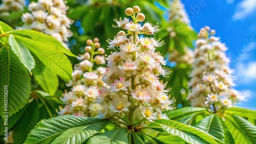 White flowering horse chestnut tree Aesculus in spring, photographed at a tilted angle