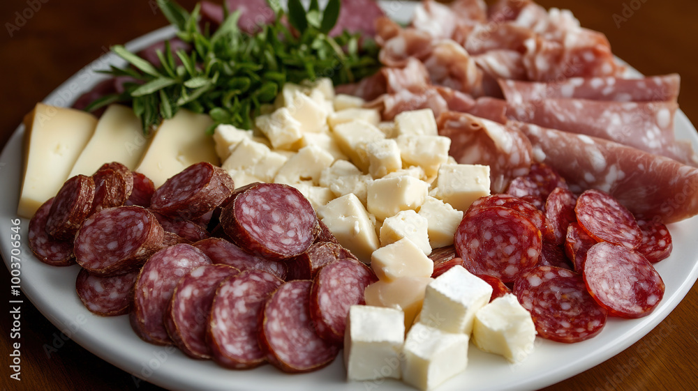 An artfully arranged platter displays traditional appetizers, featuring savory salami, delicate prosciutto, and creamy fresh cheese, inviting indulgence. An artfully arranged platter displays traditional appetizers, featuring savory salami, delicate prosciutto, and creamy fresh cheese, inviting indulgence.