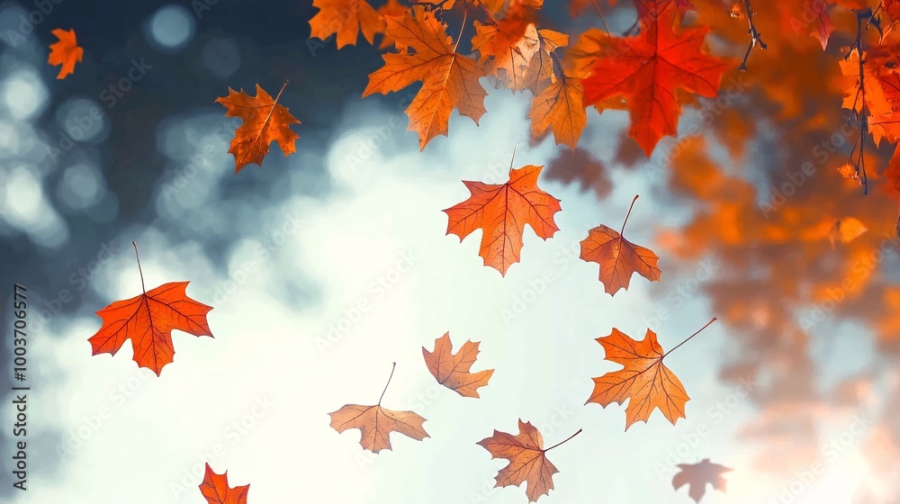 Fototapeta premium A serene autumn scene featuring vibrant red and orange maple leaves gently falling from the trees, illuminated by soft, warm sunlight filtering through a clear blue sky.