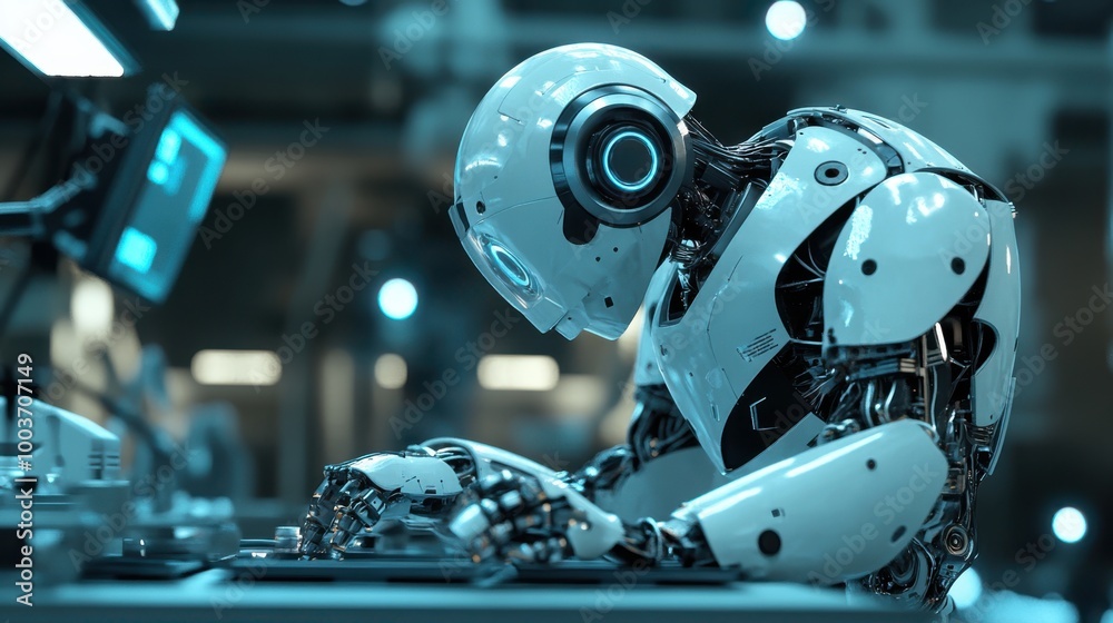 3D effect of a futuristic robot with detailed mechanical joints and illuminated accents, 3D effect of a futuristic robot with detailed mechanical joints and illuminated accents,