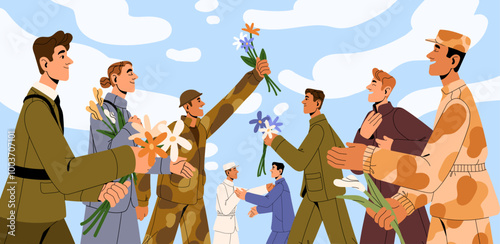 People in military uniform make peace. Concept of finish, stop war. Happy soldiers celebrate end of conflict, congratulate with victory. Men with flowers support, love. Flat vector illustration