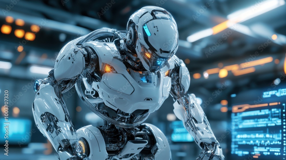 3D effect of a futuristic robot with detailed mechanical joints and illuminated accents, 3D effect of a futuristic robot with detailed mechanical joints and illuminated accents,