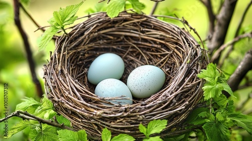  Three eggs in a bird's nest on a tree branch, surrounded by green leaves - from the bird's eyeview photo