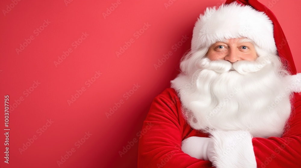 A smiling Santa Claus with a white beard stands in front of a red background. A smiling Santa Claus with a white beard stands in front of a red background.