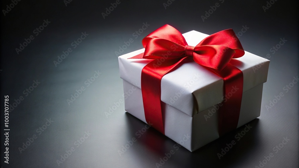 Fototapeta premium White gift box with red bow on black background