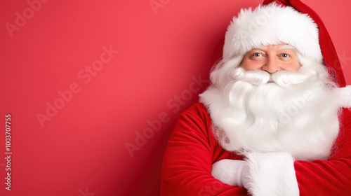 A smiling Santa Claus with a white beard stands in front of a red background.