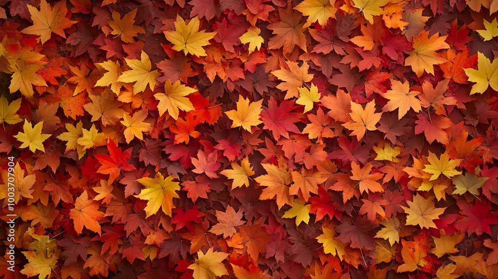 A repeating pattern background of maple leaves in various shades of red, orange, and yellow A repeating pattern background of maple leaves in various shades of red, orange, and yellow