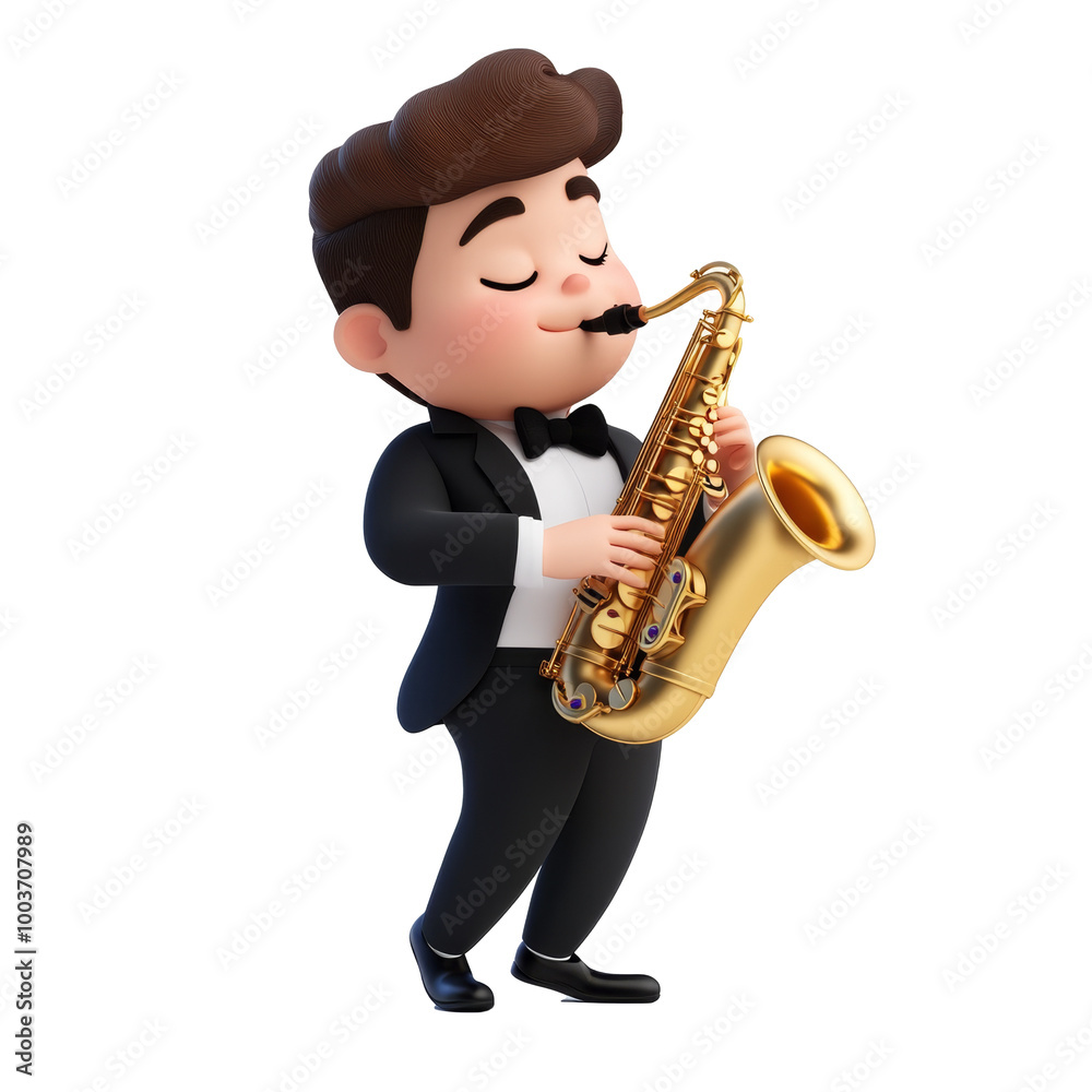 Naklejka premium Cartoon Musician Playing Saxophone in 3D Style