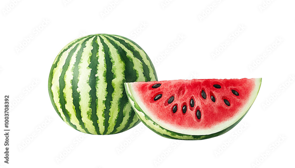 Fresh watermelon, one whole and one cut in half, showcasing vibrant green stripes and juicy red flesh, ideal for summer recipes and healthy snacks, isolated on white background. Fresh watermelon, one whole and one cut in half, showcasing vibrant green stripes and juicy red flesh, ideal for summer recipes and healthy snacks, isolated on white background.