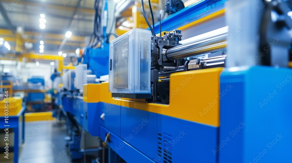 Industrial production line with machinery in a factory operating during the day in a well-lit manufacturing facility Industrial production line with machinery in a factory operating during the day in a well-lit manufacturing facility