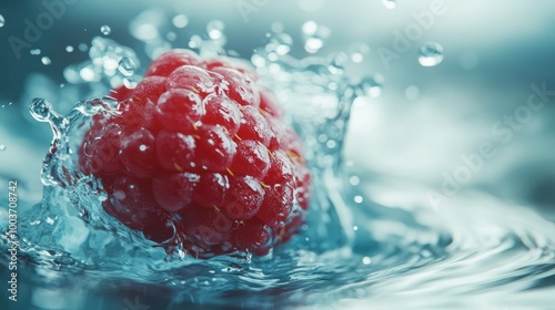 Raspberry mid-fall into water, creating ripples and splashes in a vibrant mockup of freshness and motion.