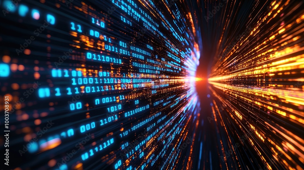 Dynamic digital data stream with vibrant colors and binary code. Dynamic digital data stream with vibrant colors and binary code.