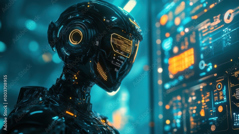 3D effect of a futuristic robot with detailed surface textures and glowing lights, analyzing 3D effect of a futuristic robot with detailed surface textures and glowing lights, analyzing