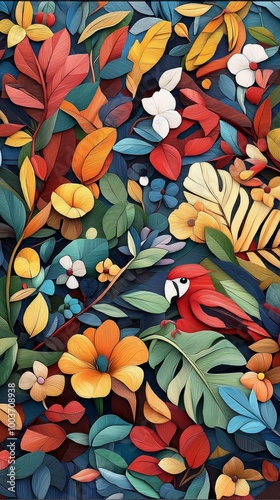  A bird perched atop a tree against a backdrop of dark blue, adorned with leaves and blooms