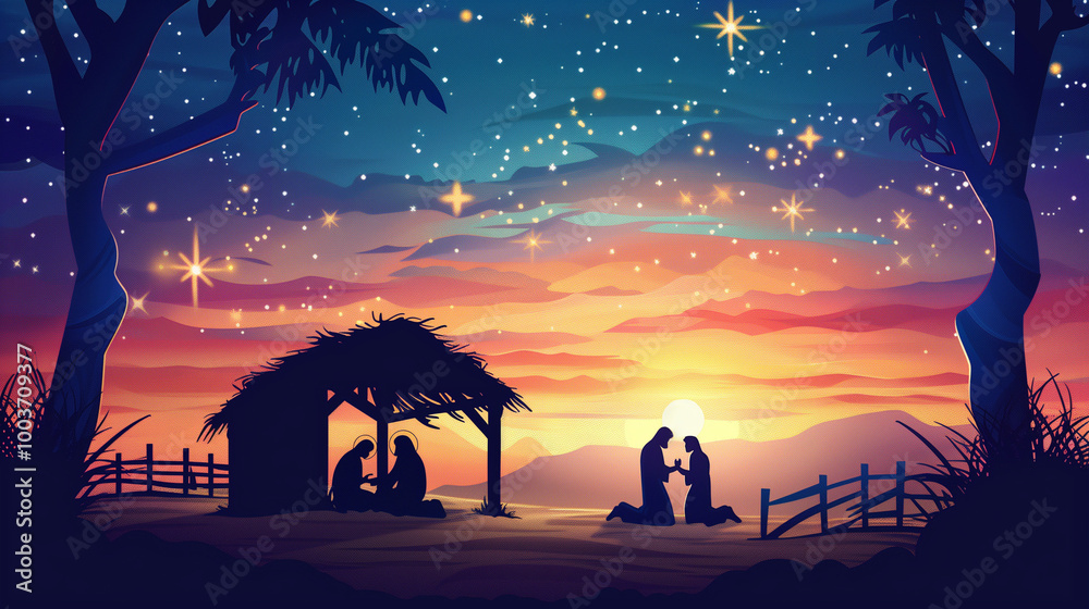 Naklejka premium Nativity Scene with the Holy Family in Stable, Birth of Christ with Baby Jesus, Mary, Joseph, and Shepherds