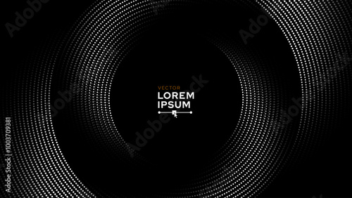 Circular Spiral Dots Luxury Black and White Banner Background Design. Vortex Spiral Lines. Minimal Style Dots Particles Swirl Motion Dynamic Abstract Vector Illustration.