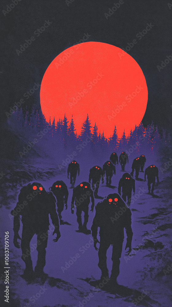 Naklejka premium Vintage poster of a zombies at night, risograph halftone effect.