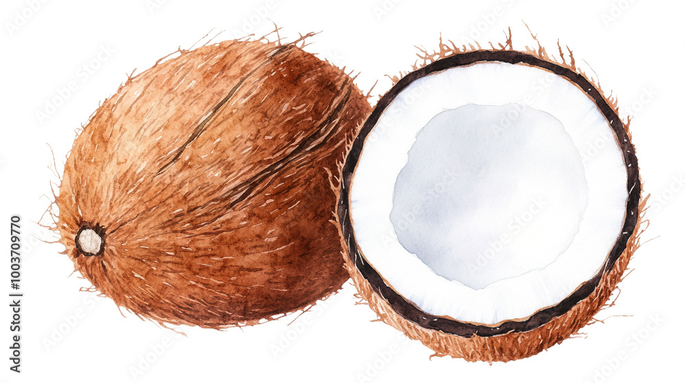 Two halves of a brown coconut, showcasing the rough outer shell and white inner flesh, isolated on a white background, perfect for culinary or health-related themes. Two halves of a brown coconut, showcasing the rough outer shell and white inner flesh, isolated on a white background, perfect for culinary or health-related themes.