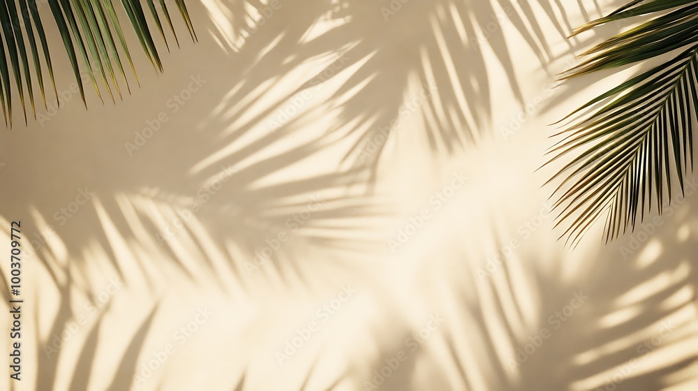 Fototapeta premium Sand and shadow on the beach from palm leaves. Beige static texture