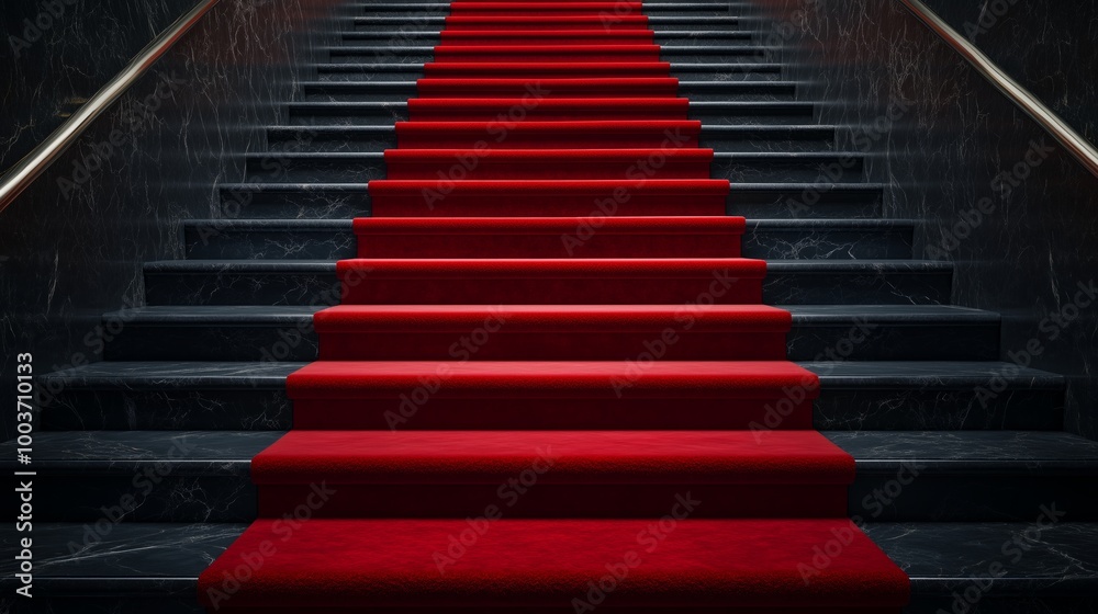 Obraz premium elegant red carpet on the stairs on a dark background. The path to glory, victory and success