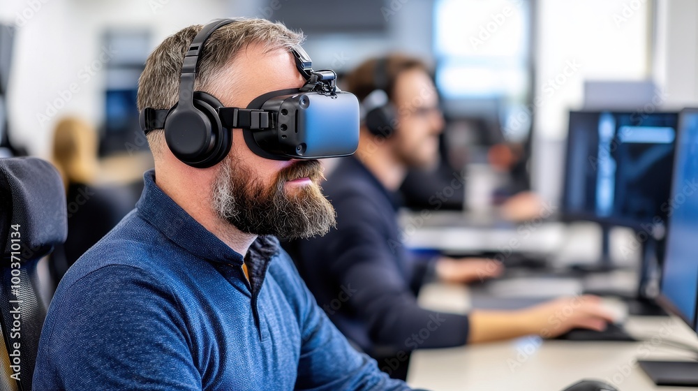 Man using virtual reality headset in office Man using virtual reality headset in office