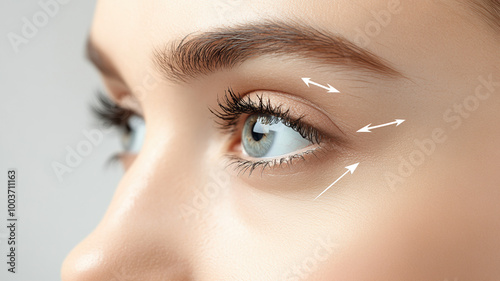 
The concept of blepharoplasty is illustrated with a close-up of a woman's eye, marked by arrows indicating the direction of the planned cosmetic surgery to tighten and lift the skin around the eyes.