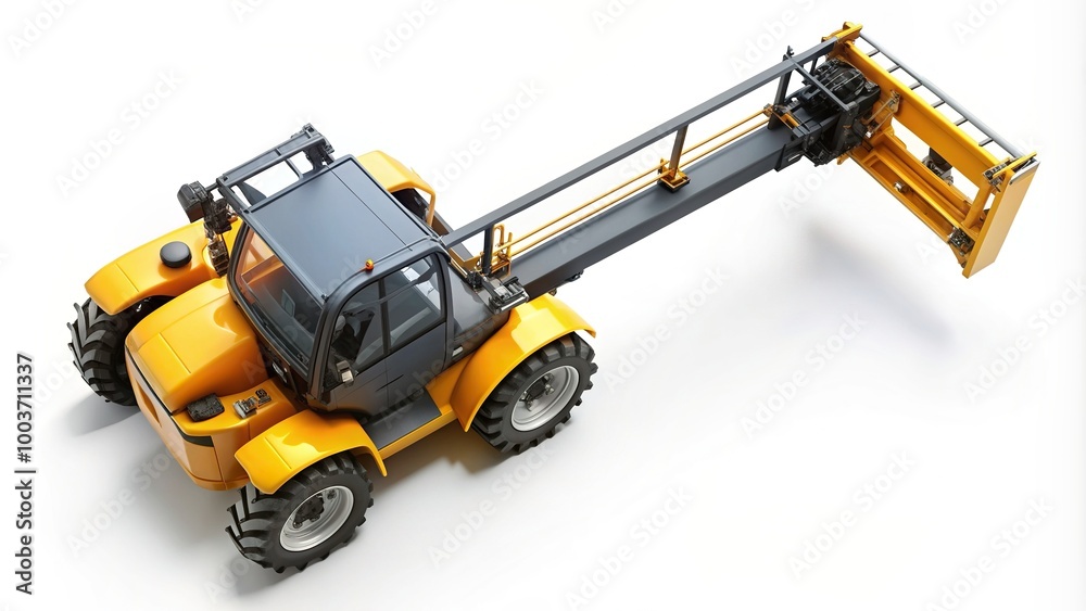 top view, construction industry, equipment, construction site, vehicle, cargo handling, construction materials, Telescopic handler on a white background seen from above top view, construction industry, equipment, construction site, vehicle, cargo handling, construction materials, Telescopic handler on a white background seen from above
