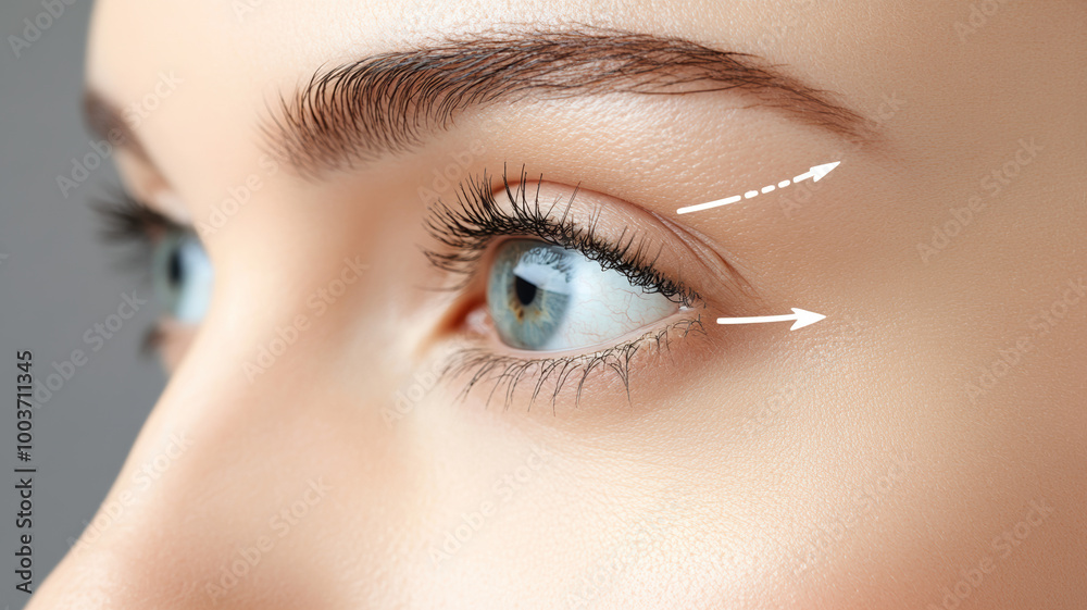 Naklejka premium The concept of blepharoplasty is illustrated with a close-up of a woman's eye, marked by arrows indicating the direction of the planned cosmetic surgery to tighten and lift the skin around the eyes.